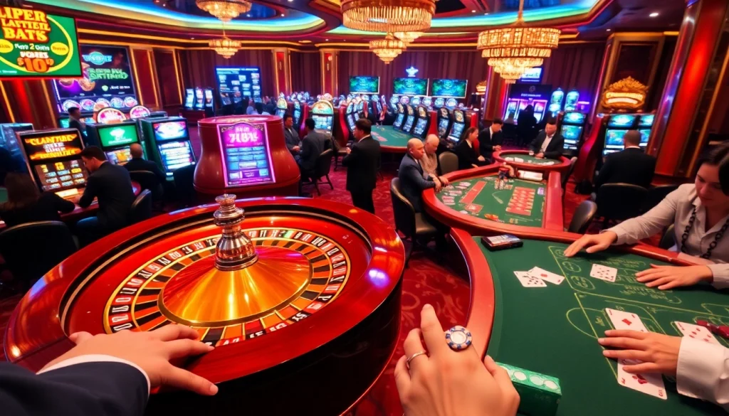 Excited gamblers enjoying the thrilling atmosphere of https://xx88.vegas/ casino gaming with colorful slot machines and card tables.