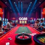 Players enjoying high-stakes excitement at the GG88 casino gaming table, surrounded by colorful slot machines and vibrant atmosphere.